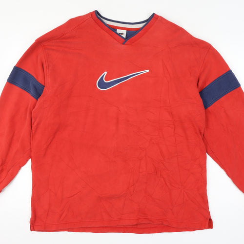 Nike Men Red Vintage Size L V-Neck Logo Pullover Sweatshirt