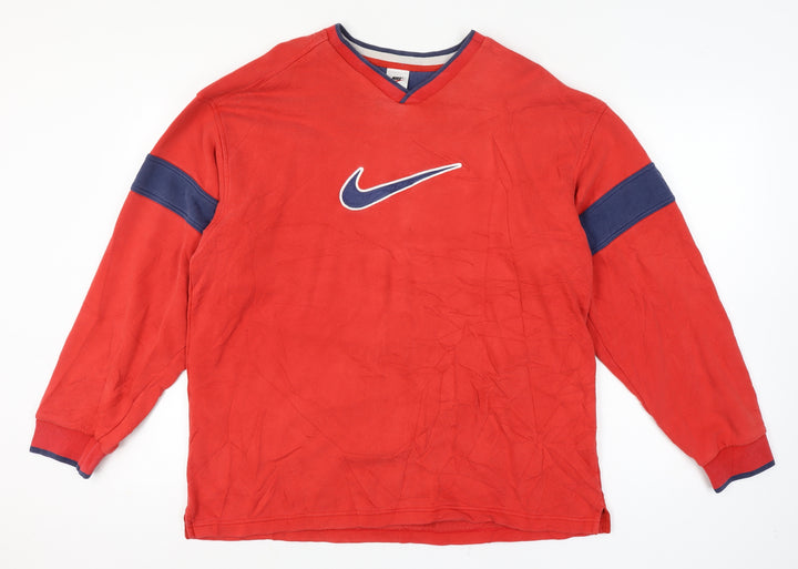 Nike Men Red Vintage Size L V-Neck Logo Pullover Sweatshirt