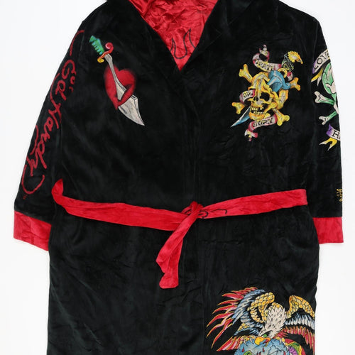 Ed Hardy Men's Black One Size Hooded Velour Tattoo Skull Robe