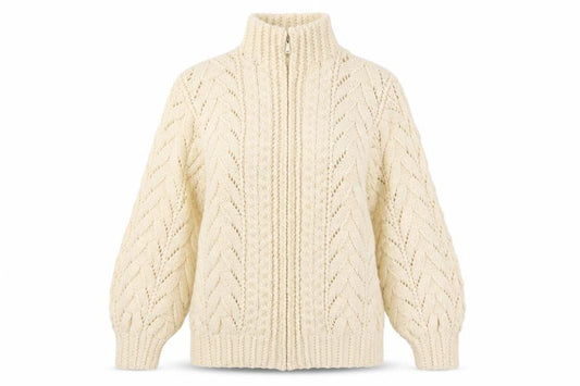 Front view of Women's Vintage Handmade Estimated XXL Ivory Cable Knit 1/4 Zip Roll Neck Jumper
