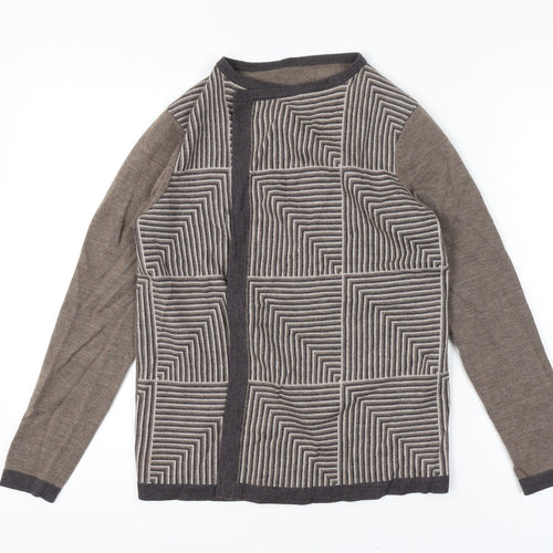 Viyella Women Small Brown 100% Merino Wool Geometric Open Cardigan