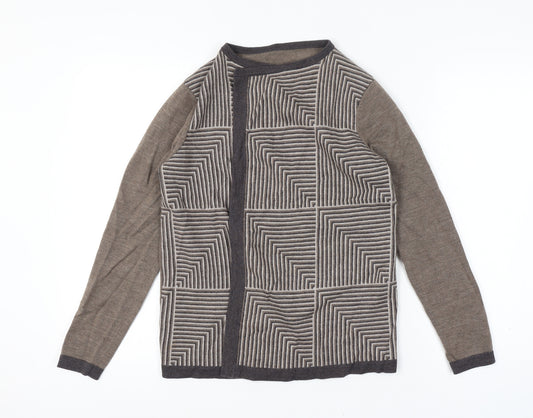 Viyella Women Small Brown 100% Merino Wool Geometric Open Cardigan