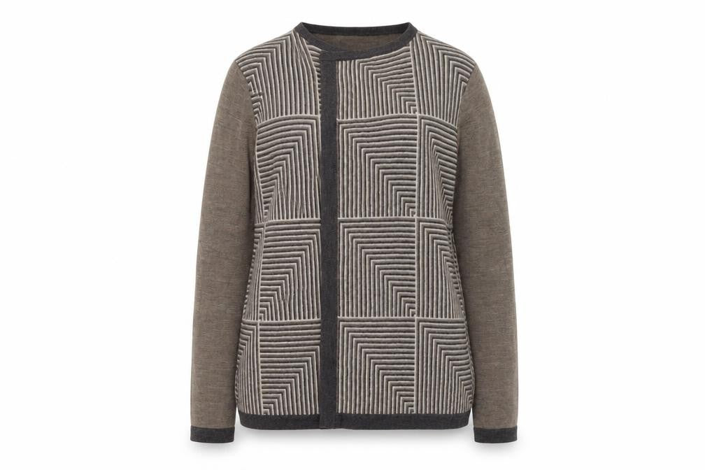 Viyella Women Small Brown 100% Merino Wool Geometric Open Cardigan