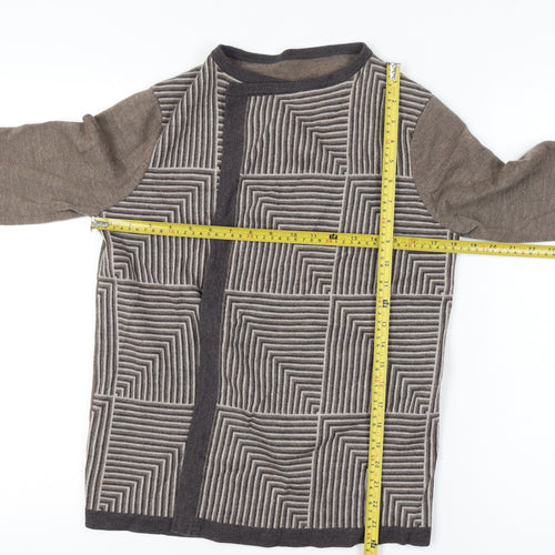 Viyella Women Small Brown 100% Merino Wool Geometric Open Cardigan