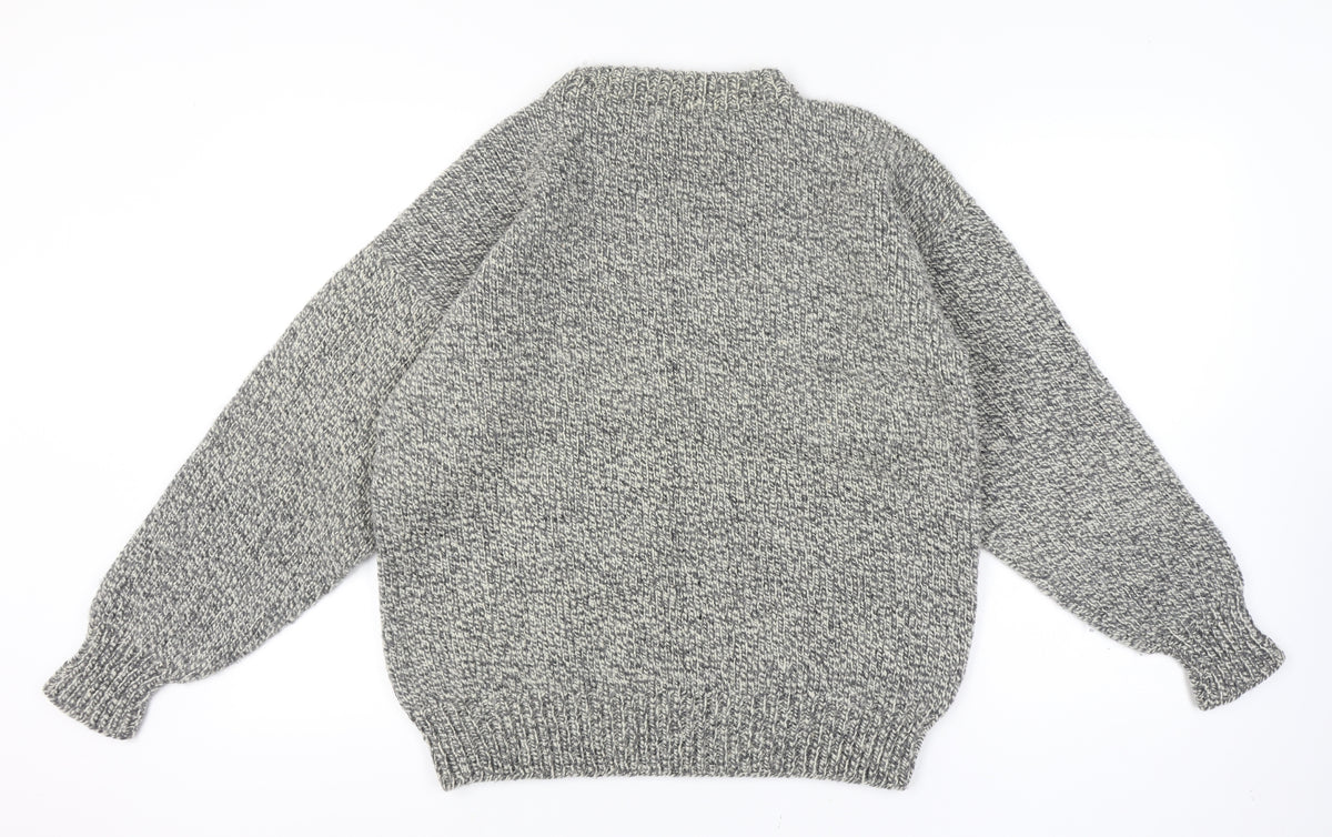 Back view of men’s grey vintage grandad cable knit crew neck long sleeve jumper