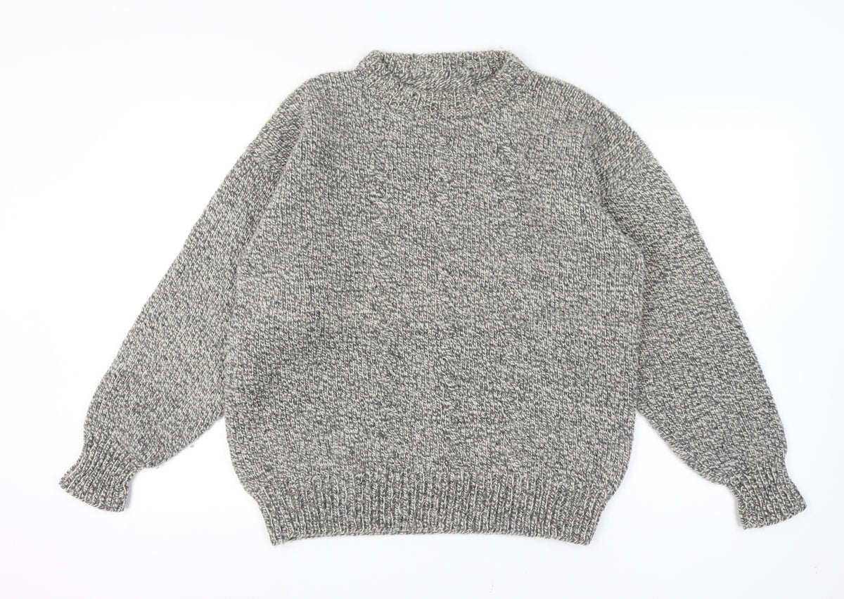 Brand and care label for men’s grey vintage grandad cable knit crew neck long sleeve jumper