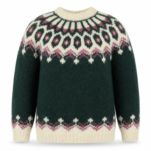 Alva Knit Women Size 10 Green Wool Fair Isle Icelandic Pullover Jumper