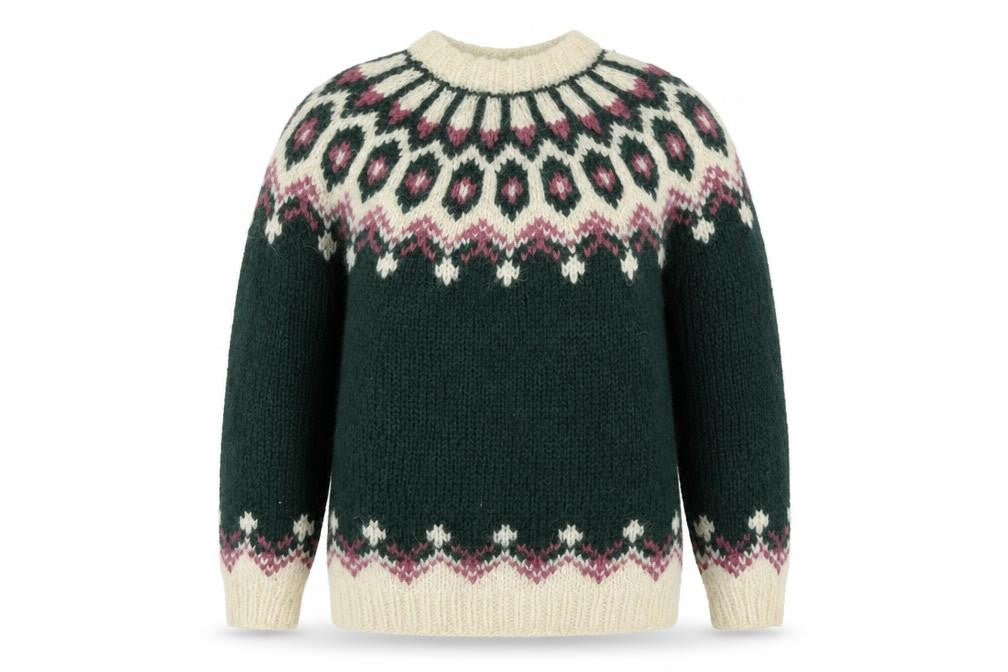Alva Knit Women Size 10 Green Wool Fair Isle Icelandic Pullover Jumper