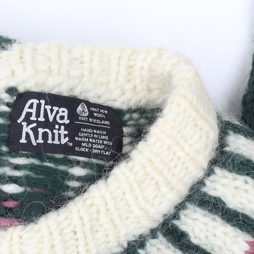 Alva Knit Women Size 10 Green Wool Fair Isle Icelandic Pullover Jumper