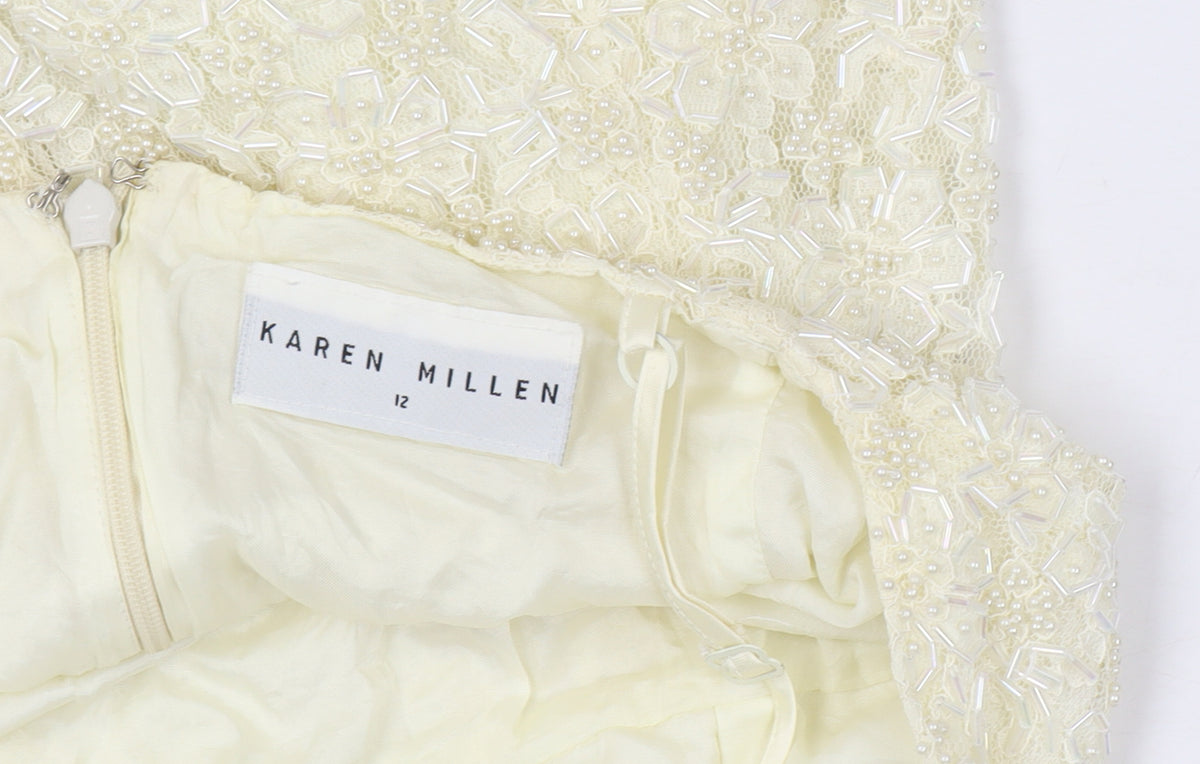 Karen Millen Women Vintage Ivory UK 12 Beaded Lace A-Line Party Mini Dress