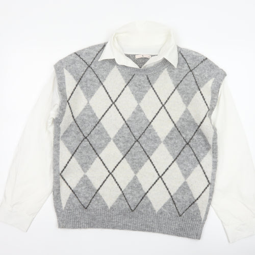 Tu Women Grey Argyle Collared Long Sleeve Jumper Size 14