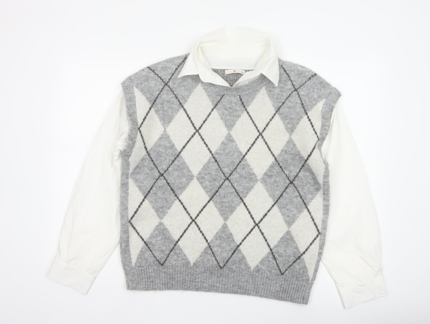 Tu Women Grey Argyle Collared Long Sleeve Jumper Size 14