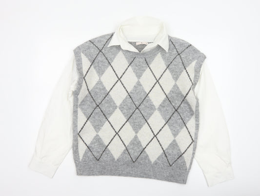 Tu Women Grey Argyle Collared Long Sleeve Jumper Size 14