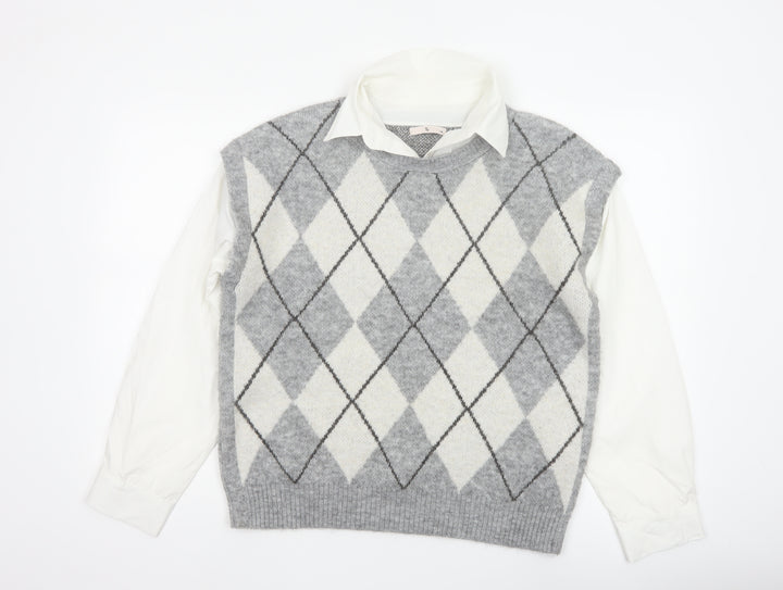 Tu Women Grey Argyle Collared Long Sleeve Jumper Size 14