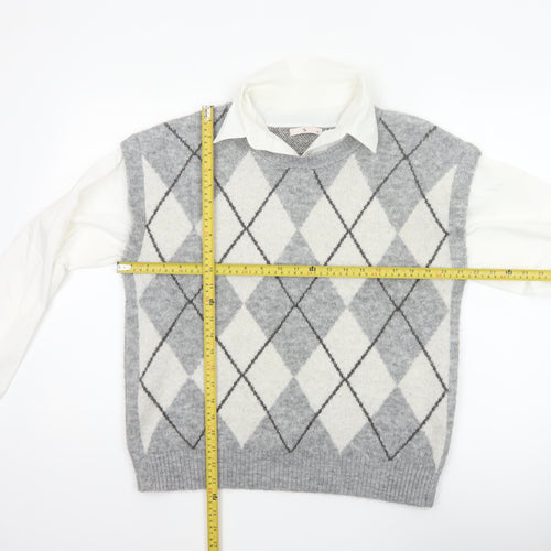 Tu Women Grey Argyle Collared Long Sleeve Jumper Size 14