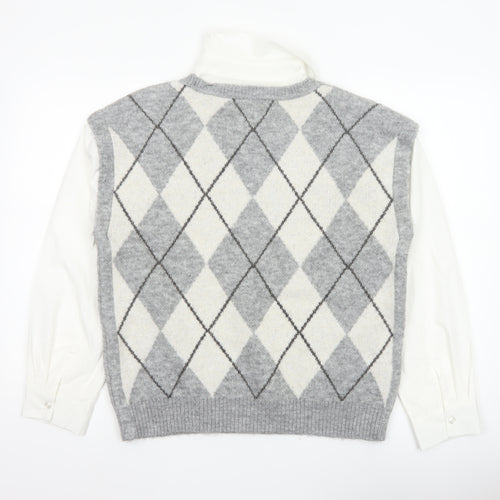 Tu Women Grey Argyle Collared Long Sleeve Jumper Size 14