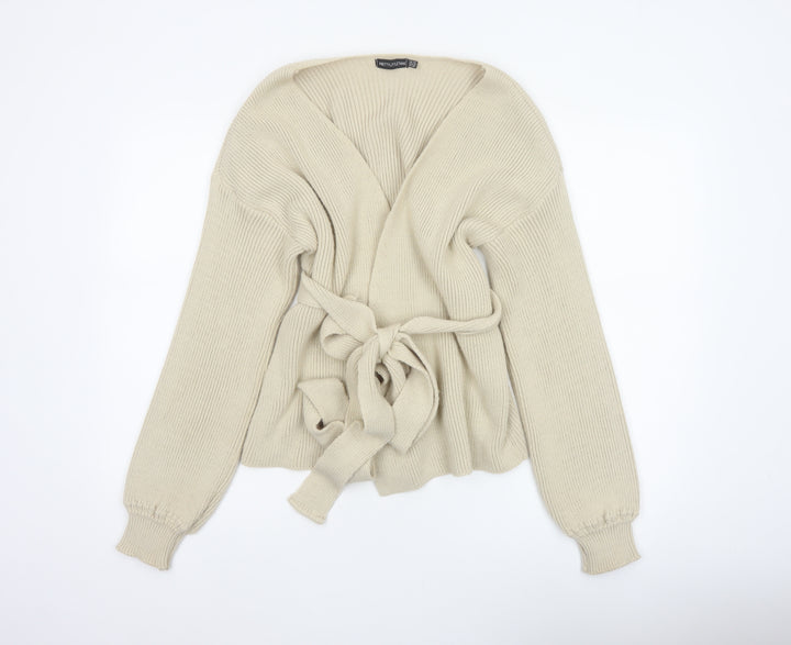 PrettyLittleThing Women Ivory UK 12 Belted Knit Wrap Cardigan