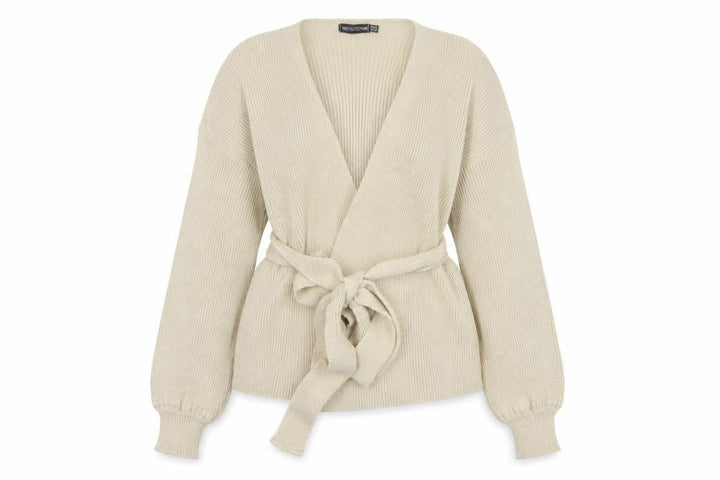 PrettyLittleThing Women Ivory UK 12 Belted Knit Wrap Cardigan