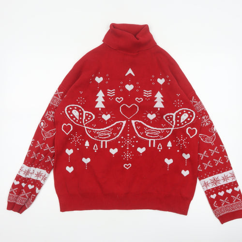 Next Women Red UK 14 Roll Neck Christmas Bird Heart Knit Jumper