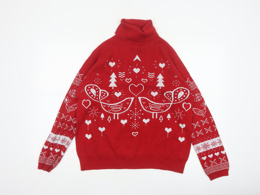 Next Women Red UK 14 Roll Neck Christmas Bird Heart Knit Jumper