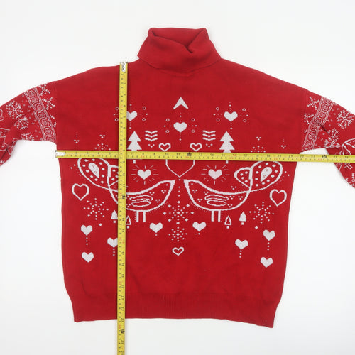 Next Women Red UK 14 Roll Neck Christmas Bird Heart Knit Jumper