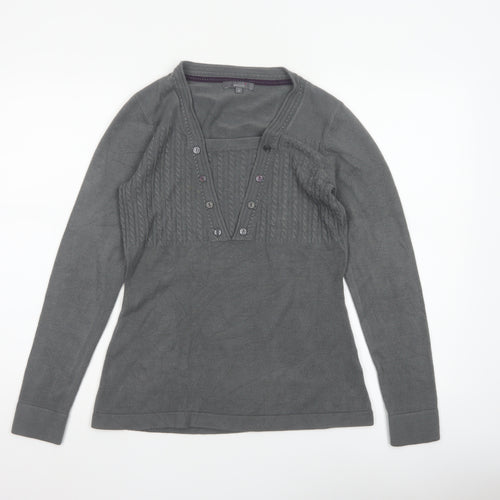 Per Una Women’s Grey Size 10 Cable Knit Button V-Neck Henley Jumper