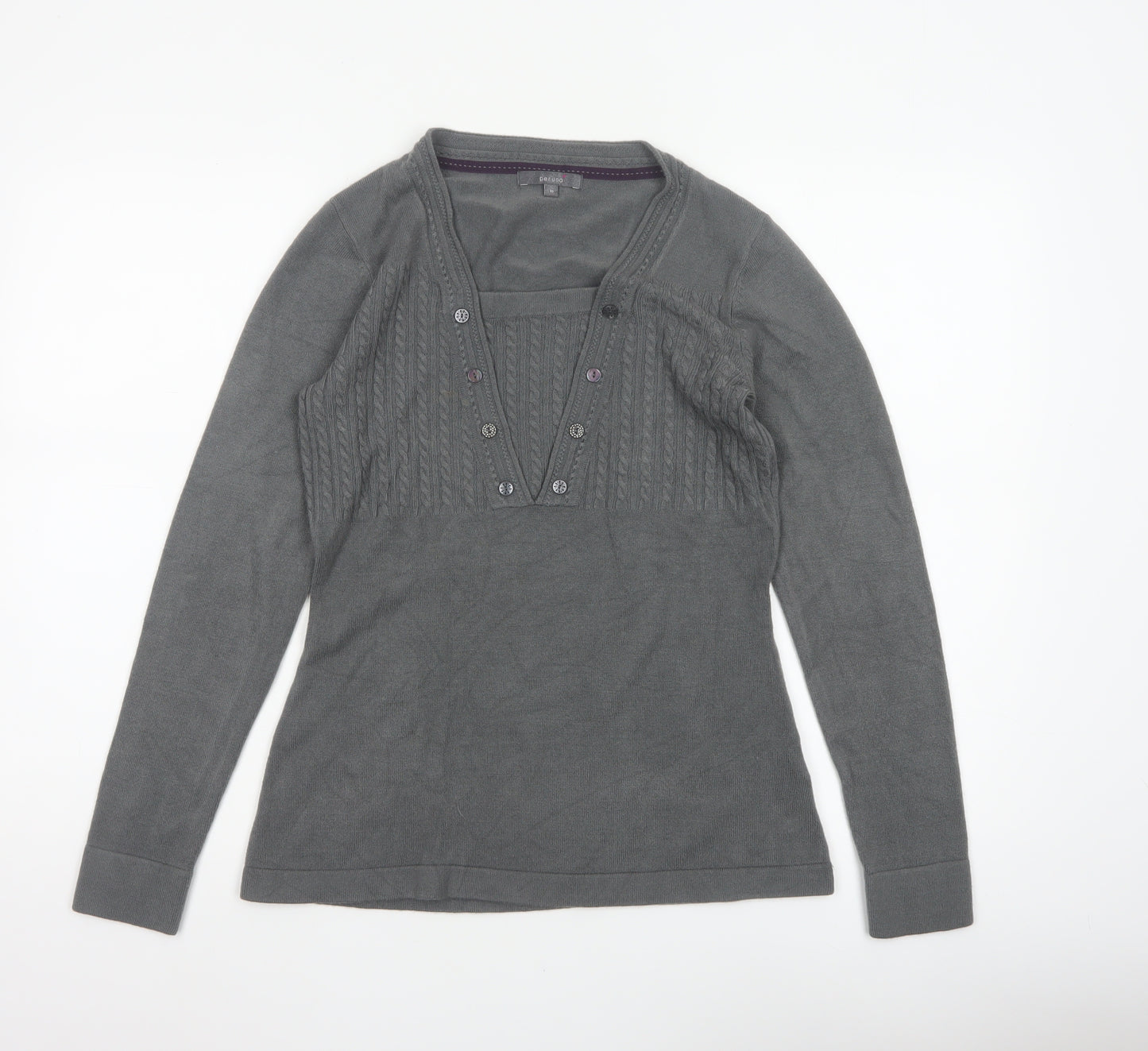 Per Una Women’s Grey Size 10 Cable Knit Button V-Neck Henley Jumper