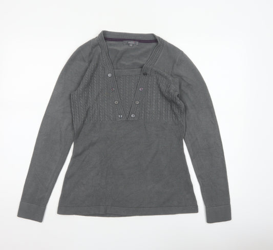 Per Una Women’s Grey Size 10 Cable Knit Button V-Neck Henley Jumper