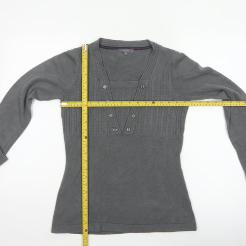 Per Una Women’s Grey Size 10 Cable Knit Button V-Neck Henley Jumper