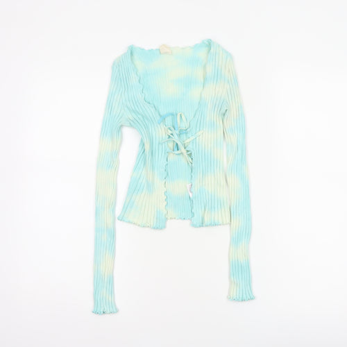 Urban Outfitters Women Blue S Petite Ribbed Lace-Up Cardigan