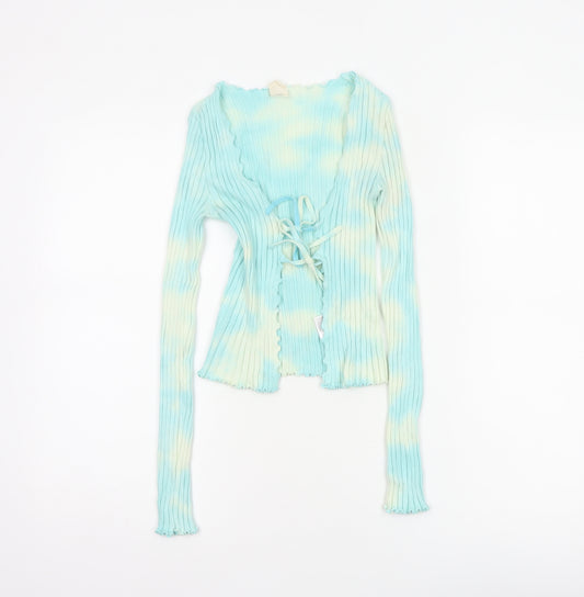 Urban Outfitters Women Blue S Petite Ribbed Lace-Up Cardigan