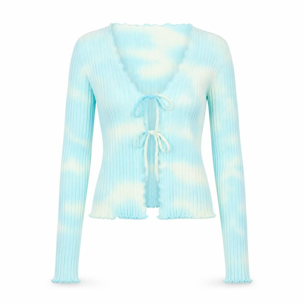 Urban Outfitters Women Blue S Petite Ribbed Lace-Up Cardigan