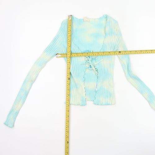 Urban Outfitters Women Blue S Petite Ribbed Lace-Up Cardigan
