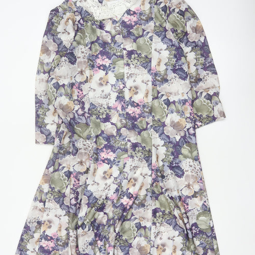 Pellies Women’s Purple Floral Fit & Flare Knee Dress UK 12 Lace Collar