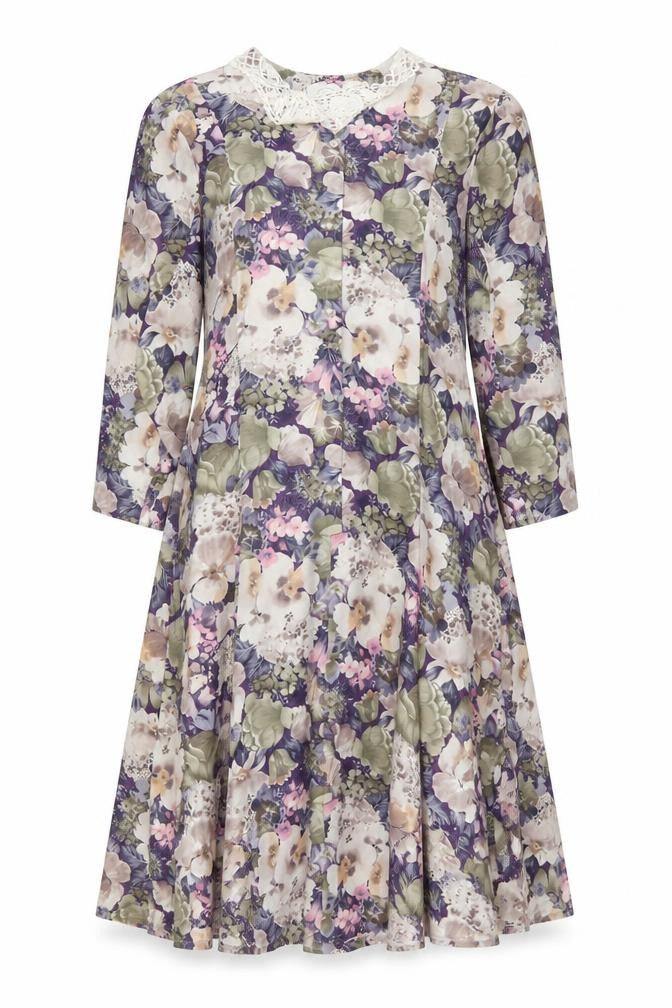 Pellies Women’s Purple Floral Fit & Flare Knee Dress UK 12 Lace Collar