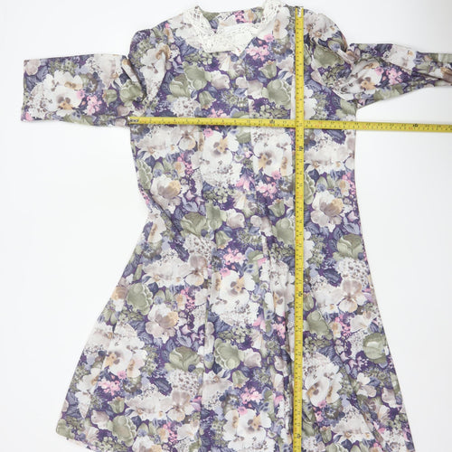 Pellies Women’s Purple Floral Fit & Flare Knee Dress UK 12 Lace Collar