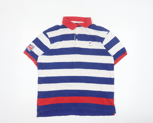 FILA Men’s L Blue White Red Striped Cotton Flag Logo Polo Shirt