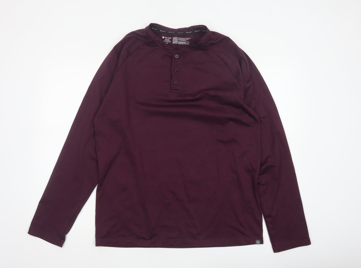 Additional front view of Gaiam Men Purple L Long Sleeve Henley Button-Up Active Top
