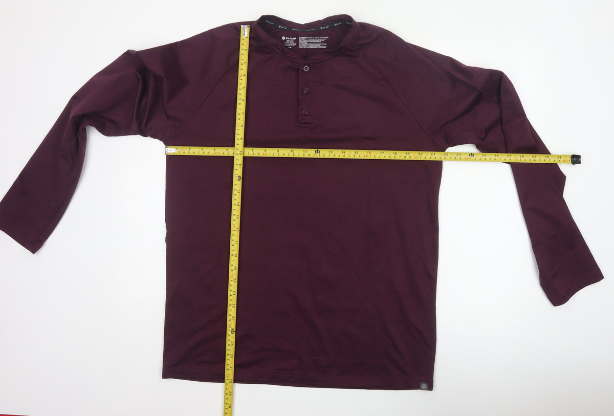 Back view of Gaiam Men Purple L Long Sleeve Henley Button-Up Active Top
