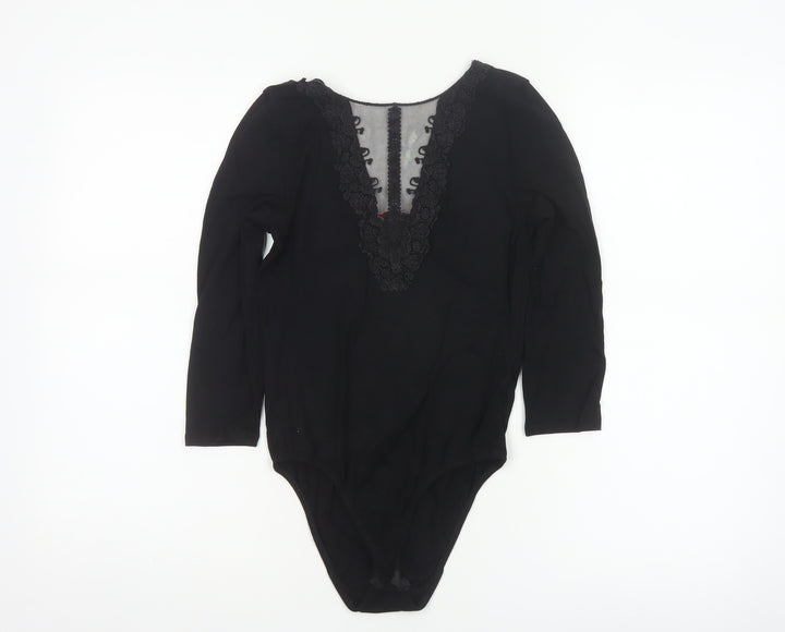Jennifer Women's Black UK 8 Lace Mesh V-Neck Long Sleeve Bodysuit