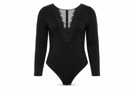 Jennifer Women's Black UK 8 Lace Mesh V-Neck Long Sleeve Bodysuit