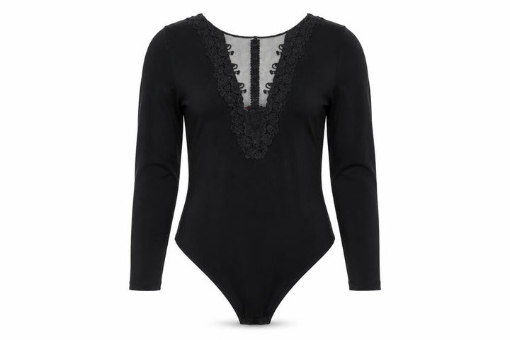 Jennifer Women's Black UK 8 Lace Mesh V-Neck Long Sleeve Bodysuit