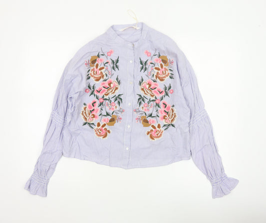 Zara Women Blue Stripe Floral Embroidered Button-Up Shirt XS