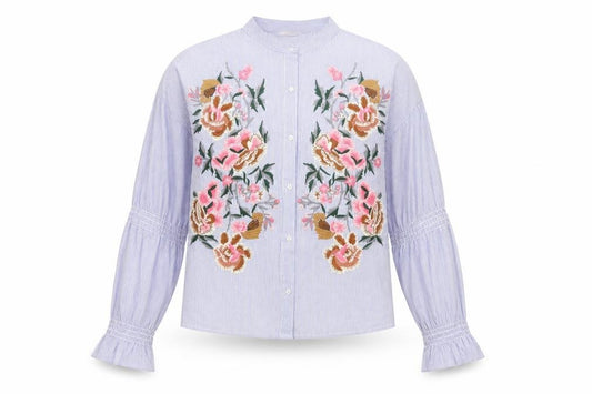 Front view of Zara Women Blue Stripe Floral Embroidered Button-Up Shirt XS