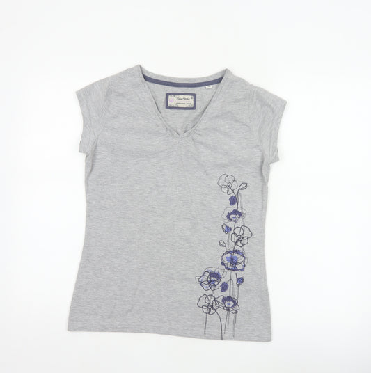 Peter Storm Women Grey Size 10 Floral V-Neck Cotton Jersey T-Shirt