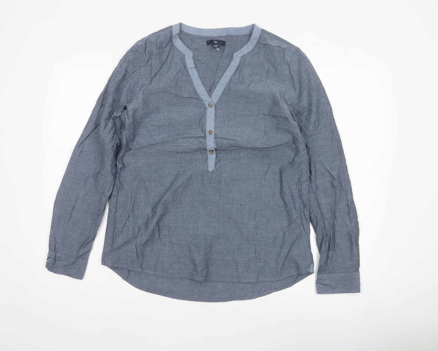 Gap Women Blue Cotton Chambray V-Neck Button Blouse Size M