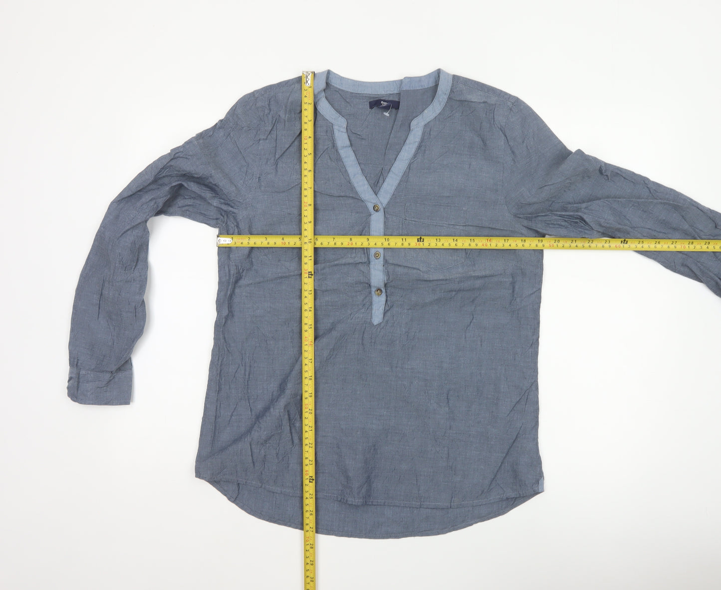 Gap Women Blue Cotton Chambray V-Neck Button Blouse Size M