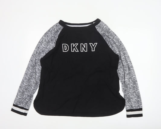 DKNY Women Black Grey L Jersey Raglan Long Sleeve T-Shirt