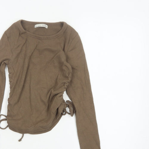 Pull&Bear Women Brown M Ribbed Ruched Drawstring Long Sleeve T-Shirt