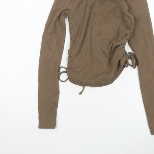 Pull&Bear Women Brown M Ribbed Ruched Drawstring Long Sleeve T-Shirt